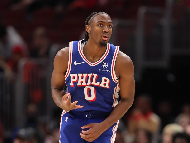 CHICAGO, ILLINOIS - DECEMBER 08: Tyrese Maxey #0 of the Philadelphia 76ers celebrates a three pointer against the Chicago Bulls during the second half at the United Center on December 08, 2024 in Chicago, Illinois. NOTE TO USER: User expressly acknowledges and agrees that, by downloading and or using this photograph, User is consenting to the terms and conditions of the Getty Images License Agreement.  (Photo by Michael Reaves/Getty Images)