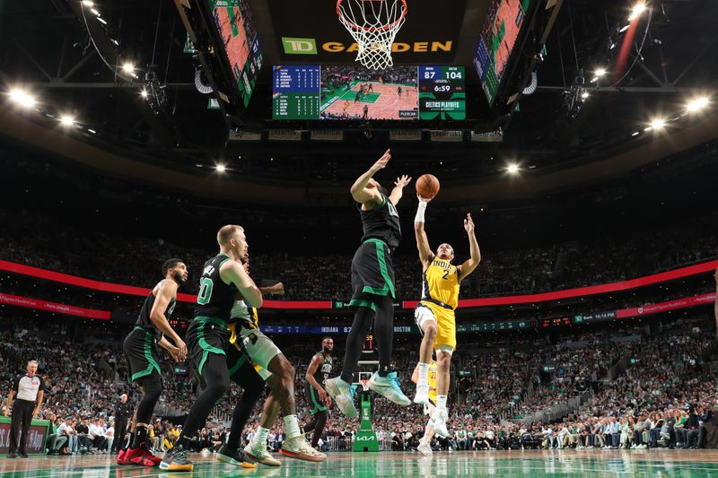 BOSTON, MA - MAY 23: Andrew Nembhard #2 of the Indiana Pacers drives to the basket during the game against the Boston Celtics during Game 2 of the Eastern Conference Finals of the 2024 NBA Playoffs on May 23, 2024 at the TD Garden in Boston, Massachusetts. NOTE TO USER: User expressly acknowledges and agrees that, by downloading and or using this photograph, User is consenting to the terms and conditions of the Getty Images License Agreement. Mandatory Copyright Notice: Copyright 2024 NBAE  (Photo by Nathaniel S. Butler/NBAE via Getty Images)