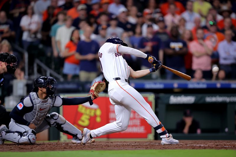 Apr 30, 2024; Houston, Texas, USA; Houston Astros left fielder Joey Loperfido (10) hits an RBI single against the Cleveland Guardians during the fourth inning at Minute Maid Park. Mandatory Credit: Erik Williams-USA TODAY Sports