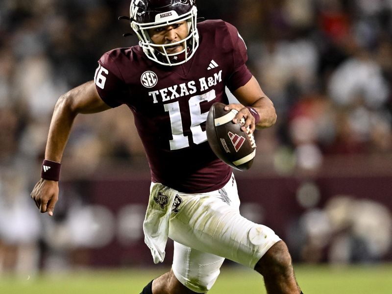 Nov 11, 2023; College Station, Texas, USA; Texas A&M Aggies quarterback Jaylen Henderson (16) runs the ball into the end zone for a touchdown during the second quarter against the Mississippi State Bulldogs at Kyle Field. Mandatory Credit: Maria Lysaker-USA TODAY Sports