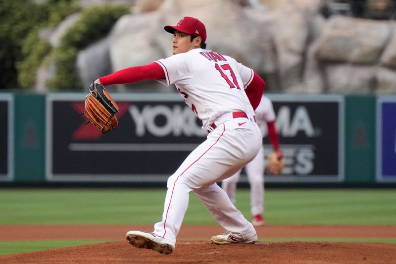 Aug 9, 2023; Anaheim, California, USA; Los Angeles Angels starting pitcher Shohei Ohtani (17) throws against the San Francisco Giants  at Angel Stadium. Mandatory Credit: Kirby Lee-USA TODAY Sports