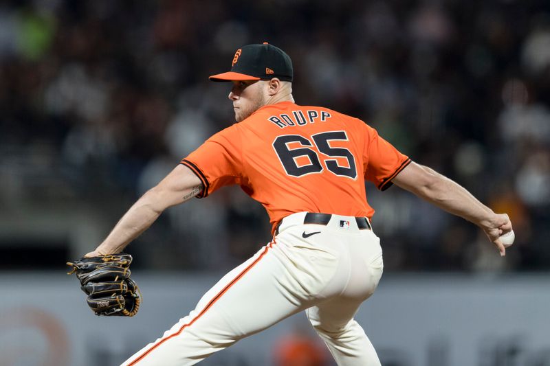 Apr 19, 2024; San Francisco, California, USA;  San Francisco Giants pitcher Landen Roupp (65) throws against the Arizona Diamondbacks during the sixth inning at Oracle Park. Mandatory Credit: John Hefti-USA TODAY Sports