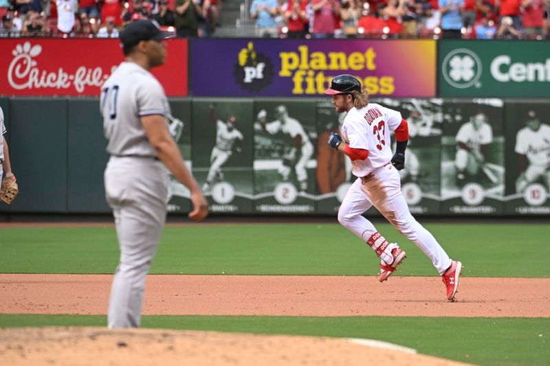 Jul 2, 2023; St. Louis, Missouri, USA; New York Yankees relief pitcher Jimmy Cordero (70) looks on after giving up a two-run home run to St. Louis Cardinals designated hitter Brendan Donovan (33) in the seventh inning at Busch Stadium. Mandatory Credit: Joe Puetz-USA TODAY Sports