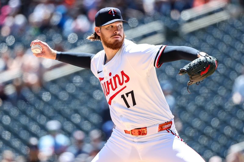May 8, 2025; Minneapolis, Minnesota, USA; Minnesota Twins pitcher Bailey Ober (17) delivers a pitch against the Baltimore Orioles during the first inning at Target Field. Mandatory Credit: Matt Krohn-Imagn Images