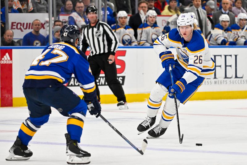 Nov 30, 2023; St. Louis, Missouri, USA;  Buffalo Sabres defenseman Rasmus Dahlin (26) controls the puck as St. Louis Blues defenseman Torey Krug (47) defends during the first period at Enterprise Center. Mandatory Credit: Jeff Curry-USA TODAY Sports