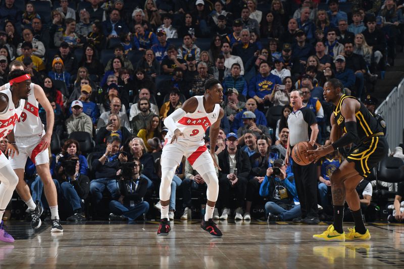 SAN FRANCISCO, CA - JANUARY 7: RJ Barrett #9 of the Toronto Raptors plays defense against the Golden State Warriors on January 7, 2024 at Chase Center in San Francisco, California. NOTE TO USER: User expressly acknowledges and agrees that, by downloading and or using this photograph, user is consenting to the terms and conditions of Getty Images License Agreement. Mandatory Copyright Notice: Copyright 2024 NBAE (Photo by Noah Graham/NBAE via Getty Images)