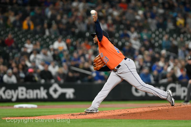 Sep 27, 2023; Seattle, Washington, USA; Houston Astros starting pitcher Framber Valdez (59) pitches to the Seattle Mariners during the first inning at T-Mobile Park. Mandatory Credit: Steven Bisig-USA TODAY Sports