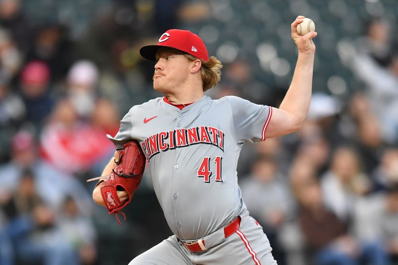 Apr 12, 2024; Chicago, Illinois, USA; Cincinnati Reds starting pitcher Andrew Abbott (41) pitches during the first inning against the Chicago White Sox at Guaranteed Rate Field. Mandatory Credit: Patrick Gorski-USA TODAY Sports