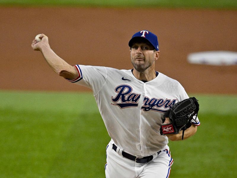 Aug 3, 2023; Arlington, Texas, USA; Texas Rangers starting pitcher Max Scherzer (31) pitches against the Chicago White Sox during the first inning at Globe Life Field. Mandatory Credit: Jerome Miron-USA TODAY Sports