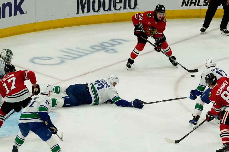 Oct 22, 2024; Chicago, Illinois, USA; Vancouver Canucks defenseman Vincent Desharnais (73) defends Chicago Blackhawks left wing Tyler Bertuzzi (59) during the third period at United Center. Mandatory Credit: David Banks-Imagn Images