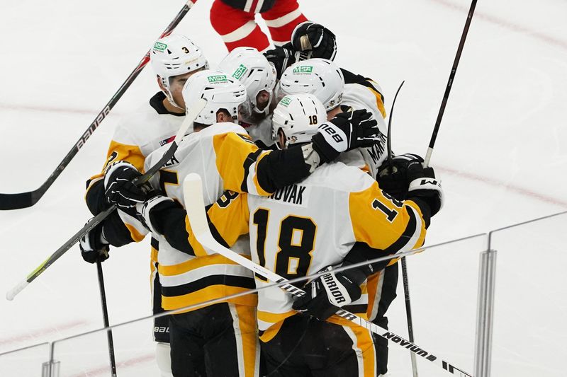 Dec 28, 2025; Chicago, Illinois, USA; Pittsburgh Penguins right wing Anthony Mantha (39) celebrates scoring against the Chicago Blackhawks during the first period at United Center. Mandatory Credit: David Banks-Imagn Images