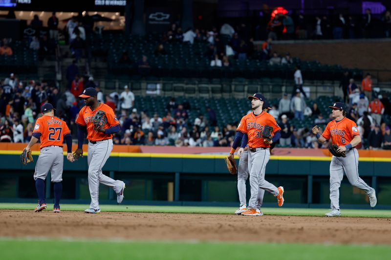 May 10, 2024; Detroit, Michigan, USA;  Houston Astros celebrate after defeating the Detroit Tigers at Comerica Park. Mandatory Credit: Rick Osentoski-USA TODAY Sports