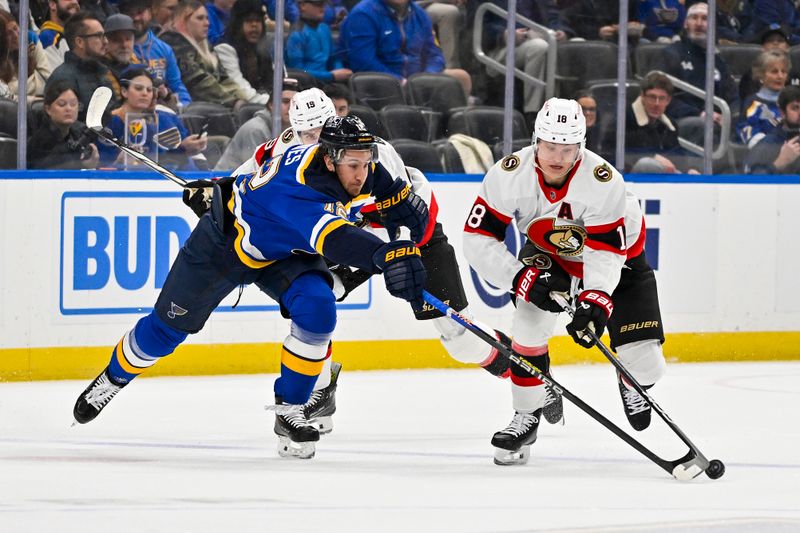 Dec 14, 2023; St. Louis, Missouri, USA;  Ottawa Senators center Tim Stutzle (18) and St. Louis Blues right wing Kevin Hayes (12) battle for the puck during the first period at Enterprise Center. Mandatory Credit: Jeff Curry-USA TODAY Sports