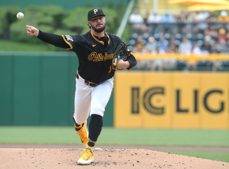 May 1, 2025; Pittsburgh, Pennsylvania, USA;  Pittsburgh Pirates starting pitcher Paul Skenes (30) delivers a pitch against the Chicago Cubs during the first inning at PNC Park. Mandatory Credit: Charles LeClaire-Imagn Imagesn