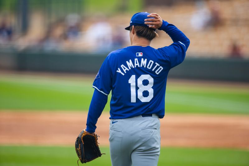 Mar 6, 2024; Phoenix, Arizona, USA; Detailed view of the jersey of Los Angeles Dodgers pitcher Yoshinobu Yamamoto (18) as he reacts against the Chicago White Sox during a spring training baseball game at Camelback Ranch-Glendale. Mandatory Credit: Mark J. Rebilas-USA TODAY Sports