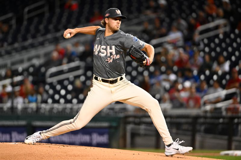 Sep 9, 2023; Washington, District of Columbia, USA; Washington Nationals starting pitcher Jake Irvin (74) throws to the Los Angeles Dodgers during the first inning at Nationals Park. Mandatory Credit: Brad Mills-USA TODAY Sports