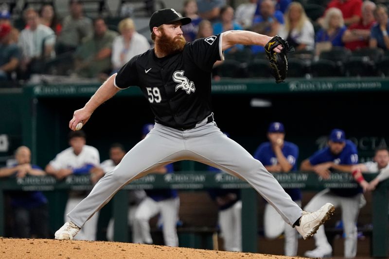 Jul 22, 2024; Arlington, Texas, USA; Chicago White Sox relief pitcher John Brebbia (59) throws to the plate during the ninth inning against the Texas Rangers at Globe Life Field. Mandatory Credit: Raymond Carlin III-USA TODAY Sports