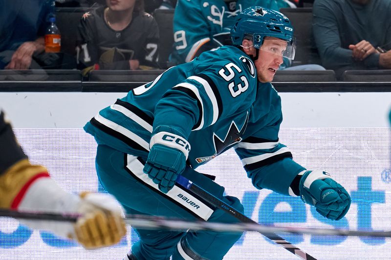 Oct 9, 2025; San Jose, California, USA; San Jose Sharks left wing Jeff Skinner (53) skates against the Vegas Golden Knights during the first period at SAP Center at San Jose. Mandatory Credit: Robert Edwards-Imagn Images