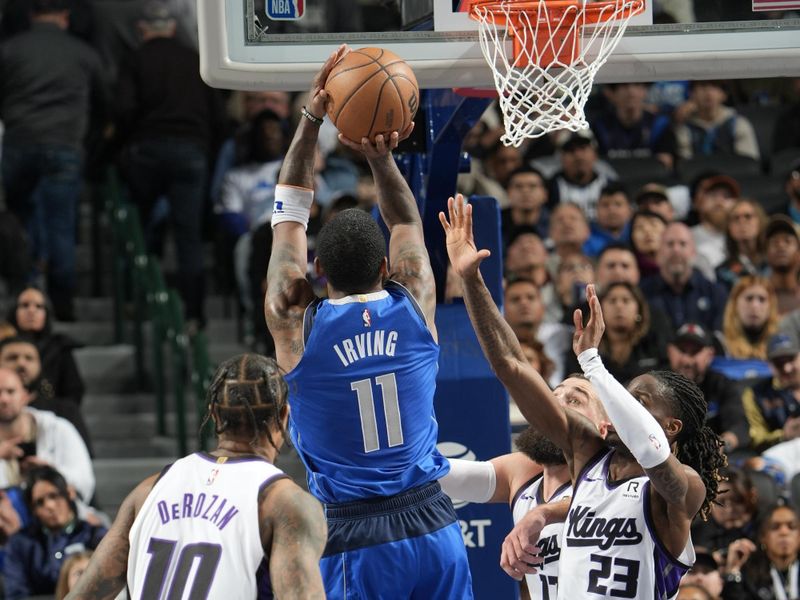 DALLAS, TX - FEBRUARY 10: Kyrie Irving #11 of the Dallas Mavericks drives to the basket during the game against the Sacramento Kings on February 10, 2025 at American Airlines Center in Dallas, Texas. NOTE TO USER: User expressly acknowledges and agrees that, by downloading and or using this photograph, User is consenting to the terms and conditions of the Getty Images License Agreement. Mandatory Copyright Notice: Copyright 2025 NBAE (Photo by Glenn James/NBAE via Getty Images)