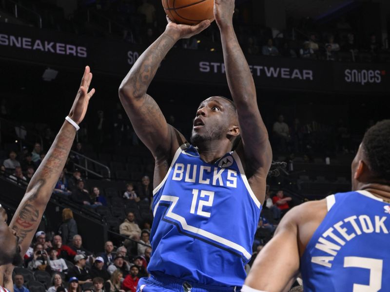 PHILADELPHIA, PA - APRIL 3: Taurean Prince #12 of the Milwaukee Bucks shoots the ball during the game against the Philadelphia 76ers  on April 3, 2025 at the Wells Fargo Center in Philadelphia, Pennsylvania NOTE TO USER: User expressly acknowledges and agrees that, by downloading and/or using this Photograph, user is consenting to the terms and conditions of the Getty Images License Agreement. Mandatory Copyright Notice: Copyright 2025 NBAE (Photo by David Dow/NBAE via Getty Images)