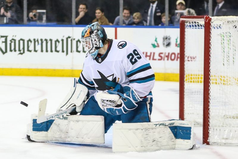 Dec 3, 2023; New York, New York, USA;  San Jose Sharks goaltender Mackenzie Blackwood (29) makes a save on a shot on goal attempt in the second period against the New York Rangers at Madison Square Garden. Mandatory Credit: Wendell Cruz-USA TODAY Sports