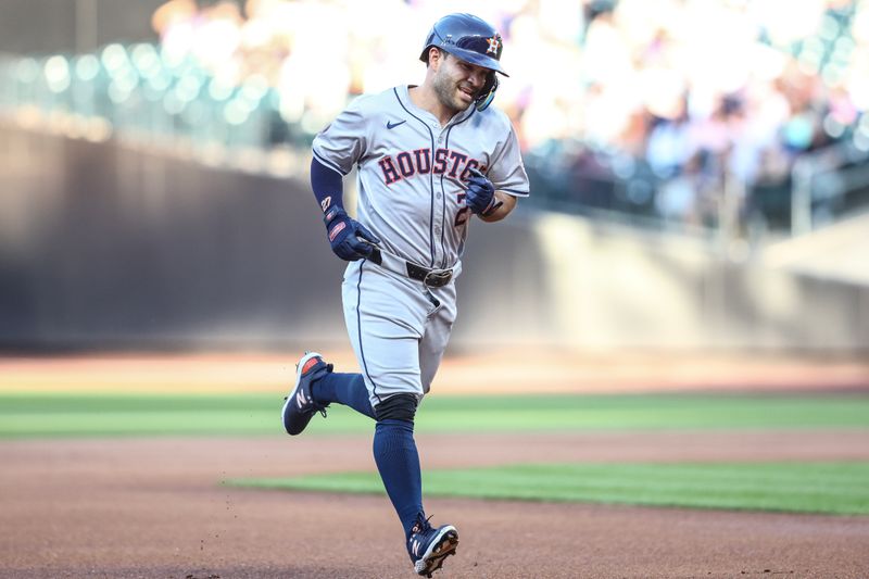 Jun 28, 2024; New York City, New York, USA;  Houston Astros second baseman Jose Altuve (27) rounds the bases after hitting a leadoff home run in the first inning against the New York Mets at Citi Field. Mandatory Credit: Wendell Cruz-USA TODAY Sports