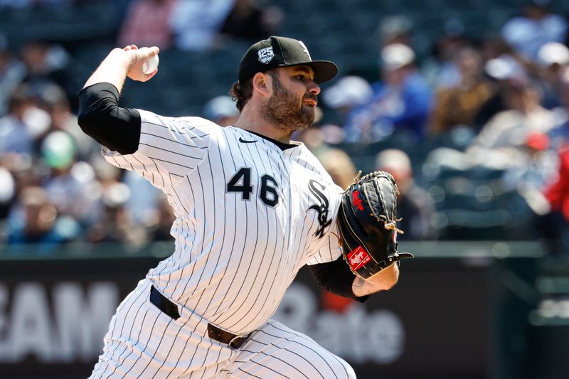 May 24, 2025; Chicago, Illinois, USA; Chicago White Sox starting pitcher Bryse Wilson (46) delivers a pitch against the Texas Rangers during the first inning at Rate Field. Mandatory Credit: Kamil Krzaczynski-Imagn Images