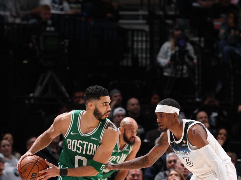 MINNEAPOLIS, MN - JANUARY 2: Jayson Tatum #0 of the Boston Celtics handles the ball during the game against the Minnesota Timberwolves on January 2, 2025 at Target Center in Minneapolis, Minnesota. NOTE TO USER: User expressly acknowledges and agrees that, by downloading and or using this Photograph, user is consenting to the terms and conditions of the Getty Images License Agreement. Mandatory Copyright Notice: Copyright 2025 NBAE (Photo by David Sherman/NBAE via Getty Images)