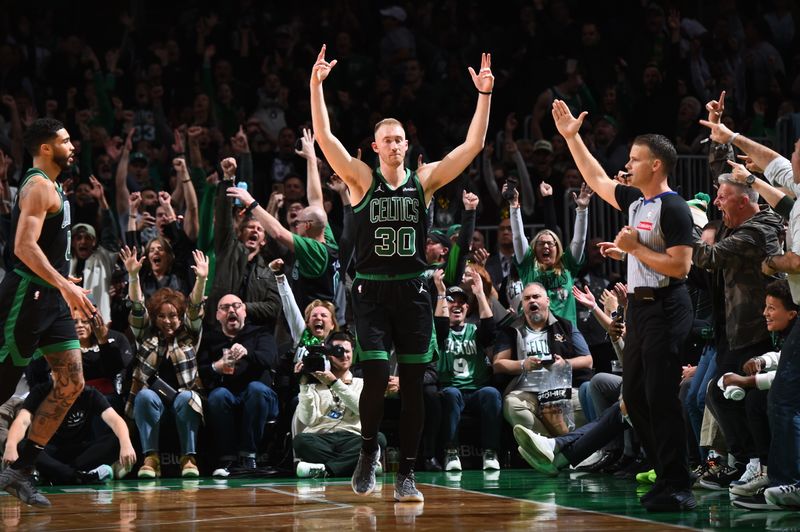 BOSTON, MA - NOVEMBER 8: Sam Hauser #30 of the Boston Celtics celebrates during the game against the Brooklyn Nets on November 8, 2024 at TD Garden in Boston, Massachusetts. NOTE TO USER: User expressly acknowledges and agrees that, by downloading and/or using this Photograph, user is consenting to the terms and conditions of the Getty Images License Agreement. Mandatory Copyright Notice: Copyright 2024 NBAE (Photo by Brian Babineau/NBAE via Getty Images)