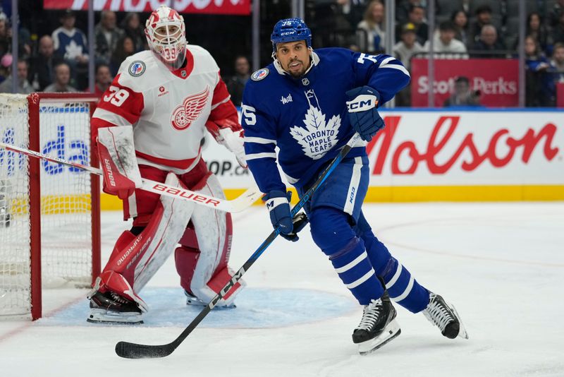 Nov 8, 2024; Toronto, Ontario, CAN; Toronto Maple Leafs forward Ryan Reaves (75) skates in front of Detroit Red Wings goaltender Cam Talbot (39) during the third period at Scotiabank Arena. Mandatory Credit: John E. Sokolowski-Imagn Images