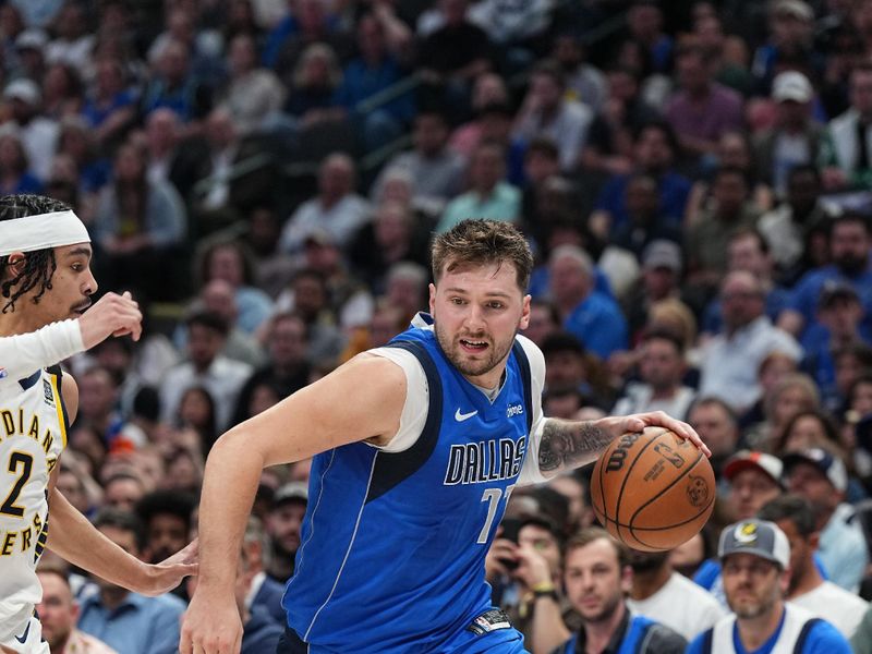 DALLAS, TX - MARCH 5: Luka Doncic #77 of the Dallas Mavericks dribbles the ball during the game against the Indiana Pacers on March 5, 2024 at the American Airlines Center in Dallas, Texas. NOTE TO USER: User expressly acknowledges and agrees that, by downloading and or using this photograph, User is consenting to the terms and conditions of the Getty Images License Agreement. Mandatory Copyright Notice: Copyright 2024 NBAE (Photo by Glenn James/NBAE via Getty Images)