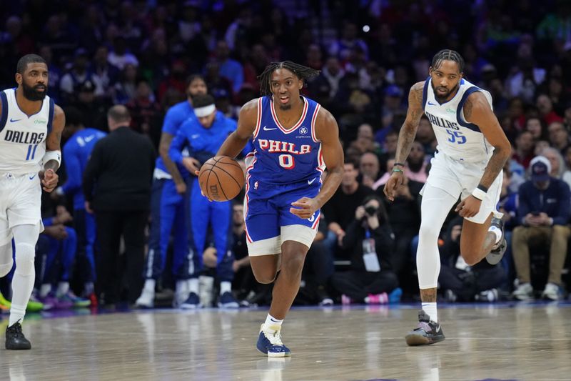 PHILADELPHIA, PA - FEBRUARY 5: Tyrese Maxey #0 of the Philadelphia 76ers dribbles the ball during the game against the Dallas Mavericks on February 5, 2024 at the Wells Fargo Center in Philadelphia, Pennsylvania NOTE TO USER: User expressly acknowledges and agrees that, by downloading and/or using this Photograph, user is consenting to the terms and conditions of the Getty Images License Agreement. Mandatory Copyright Notice: Copyright 2024 NBAE (Photo by Jesse D. Garrabrant/NBAE via Getty Images)