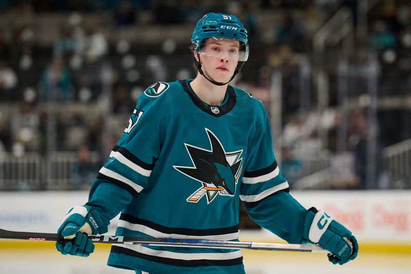 Apr 6, 2024; San Jose, California, USA; San Jose Sharks right wing Collin Graf (51) in his NHL debut during the third period against the St. Louis Blues at SAP Center at San Jose. Mandatory Credit: Robert Edwards-USA TODAY Sports