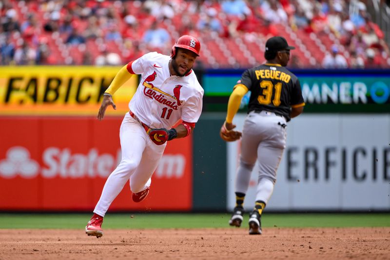 May 7, 2025; St. Louis, Missouri, USA;  St. Louis Cardinals center fielder Victor Scott II (11) runs to third against the Pittsburgh Pirates during the third inning at Busch Stadium. Mandatory Credit: Jeff Curry-Imagn Images