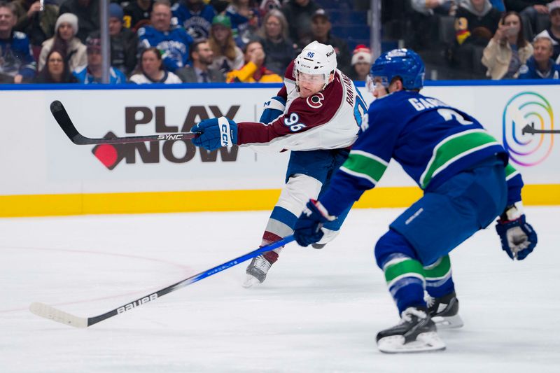 Mar 13, 2024; Vancouver, British Columbia, CAN; Colorado Avalanche forward Mikko Rantanen (96) shoots against the Vancouver Canucks in the second period at Rogers Arena. Mandatory Credit: Bob Frid-USA TODAY Sports