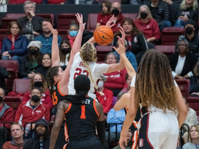 Jan 27, 2023; Stanford, California, USA; Stanford Cardinal forward Cameron Brink (22) is fouled by Oregon State Beavers guard Talia von Oelhoffen (22) during the third quarter at Maples Pavilion. Mandatory Credit: Neville E. Guard-USA TODAY Sports