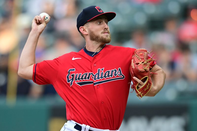 Sep 16, 2023; Cleveland, Ohio, USA; Cleveland Guardians starting pitcher Tanner Bibee (61) throws a pitch during the first inning against the Texas Rangers at Progressive Field. Mandatory Credit: Ken Blaze-USA TODAY Sports