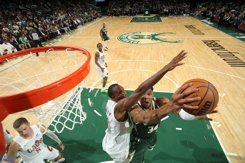 MILWAUKEE, WI - NOVEMBER 2:  Giannis Antetokounmpo #34 of the Milwaukee Bucks drives to the basket during the game against the Cleveland Cavaliers during a regular season game on November  2, 2024 at Fiserv Forum Center in Milwaukee, Wisconsin. NOTE TO USER: User expressly acknowledges and agrees that, by downloading and or using this Photograph, user is consenting to the terms and conditions of the Getty Images License Agreement. Mandatory Copyright Notice: Copyright 2024 NBAE (Photo by Gary Dineen/NBAE via Getty Images).