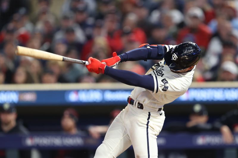 Oct 11, 2023; Minneapolis, Minnesota, USA; Minnesota Twins second baseman Edouard Julien (47) hits  solo home-run in the sixth inning against the Houston Astros during game four of the ALDS for the 2023 MLB playoffs at Target Field. Mandatory Credit: Jesse Johnson-USA TODAY Sports