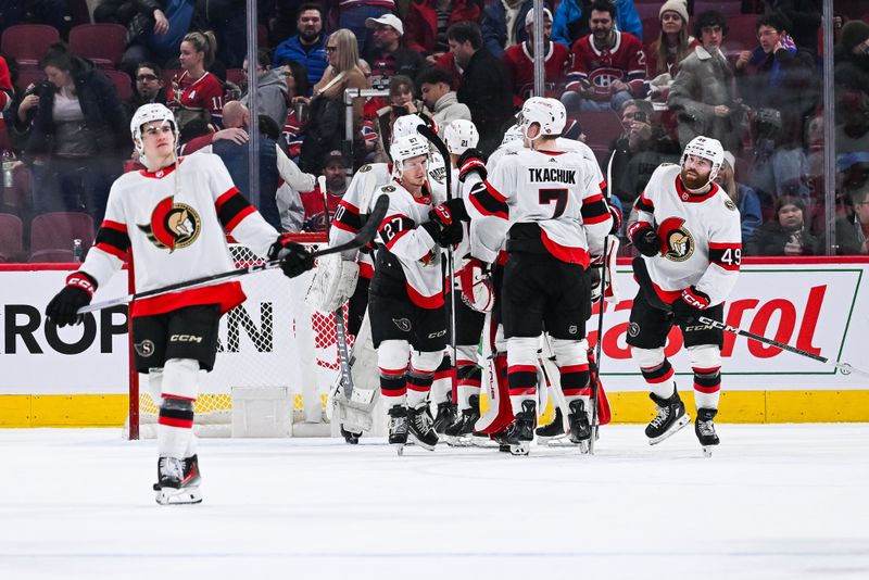 Jan 23, 2024; Montreal, Quebec, CAN; Ottawa Senators players gather to celebrate the win against the Montreal Canadiens at Bell Centre. Mandatory Credit: David Kirouac-USA TODAY Sports