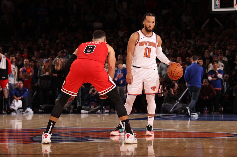 NEW YORK, NY - NOVEMBER 13: Jalen Brunson #11 of the New York Knicks dribbles the ball during the game against the Chicago Bulls on November 13, 2024 at Madison Square Garden in New York City, New York.  NOTE TO USER: User expressly acknowledges and agrees that, by downloading and or using this photograph, User is consenting to the terms and conditions of the Getty Images License Agreement. Mandatory Copyright Notice: Copyright 2024 NBAE  (Photo by Joe Murphy/NBAE via Getty Images)