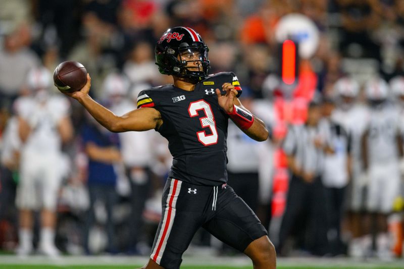 Sep 15, 2023; College Park, Maryland, USA; Maryland Terrapins quarterback Taulia Tagovailoa (3) throws a pass during the first quarter against the Virginia Cavaliers at SECU Stadium. Mandatory Credit: Reggie Hildred-USA TODAY Sports