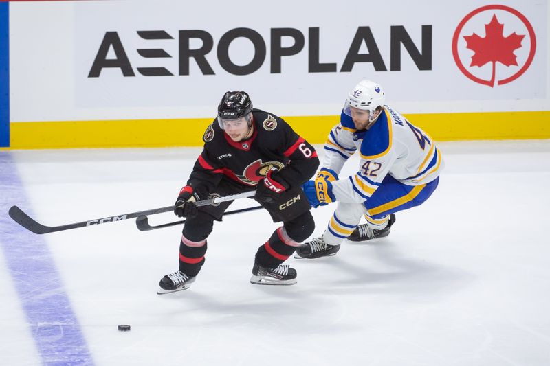 Sep 26, 2024; Ottawa, Ontario, CAN; Ottawa Senators defenseman Calen Addison (6) battles with Buffalo Sabres left wing Brendan Warren (42) in the third period at the Canadian Tire Centre. Mandatory Credit: Marc DesRosiers-Imagn Images