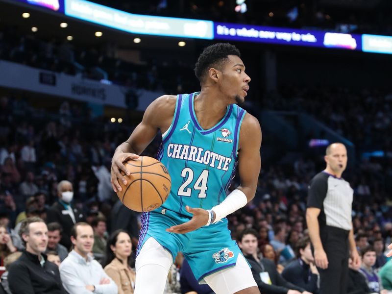 CHARLOTTE, NC - FEBRUARY 10:  Brandon Miller #24 of the Charlotte Hornets handles the ball during the game  on February 10, 2024 at Spectrum Center in Charlotte, North Carolina. NOTE TO USER: User expressly acknowledges and agrees that, by downloading and or using this photograph, User is consenting to the terms and conditions of the Getty Images License Agreement.  Mandatory Copyright Notice:  Copyright 2024 NBAE (Photo by Brock Williams-Smith/NBAE via Getty Images)