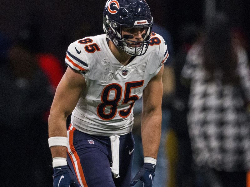 Chicago Bears tight end Cole Kmet (85) lines up during the first half of an NFL football game against the Atlanta Falcons, Sunday, Nov. 20, 2022, in Atlanta. The Atlanta Falcons won 27-24. (AP Photo/Danny Karnik)