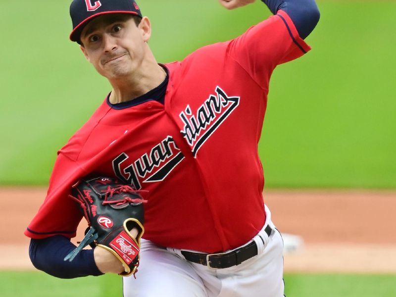 Apr 23, 2023; Cleveland, Ohio, USA; Cleveland Guardians pitcher Logan Allen (41) throws a pitch during the first inning against the Miami Marlins at Progressive Field. Mandatory Credit: Ken Blaze-USA TODAY Sports