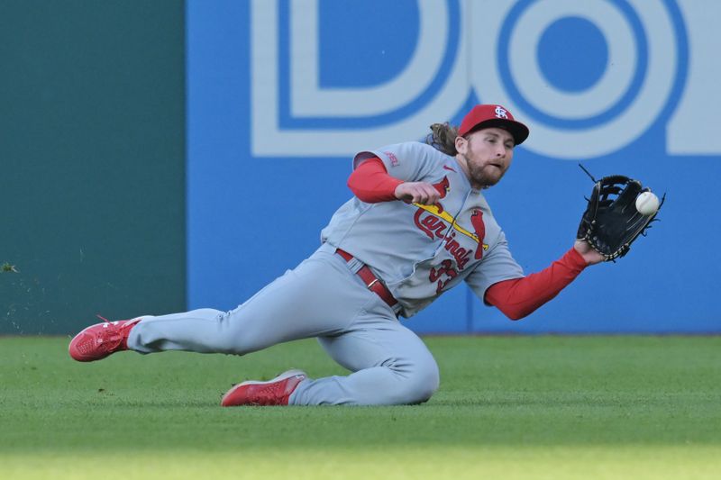 May 26, 2023; Cleveland, Ohio, USA; St. Louis Cardinals right fielder Brendan Donovan (33) catches a ball hit by Cleveland Guardians designated hitter Josh Bell (not pictured) during the second inning at Progressive Field. Mandatory Credit: Ken Blaze-USA TODAY Sports