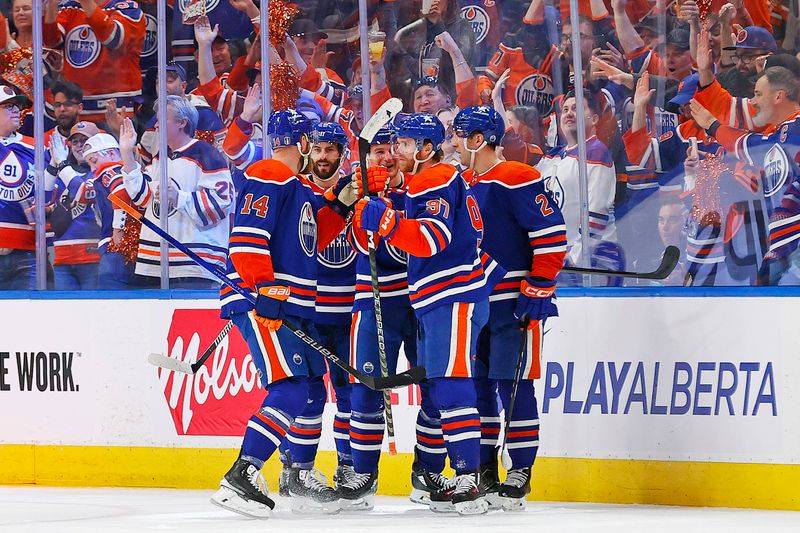 Apr 22, 2024; Edmonton, Alberta, CAN; The Edmonton Oilers celebrate a goal scored by forward Zach Hyman (18) during the second period against the Los Angeles Kings in game one of the first round of the 2024 Stanley Cup Playoffs at Rogers Place. Mandatory Credit: Perry Nelson-USA TODAY Sports