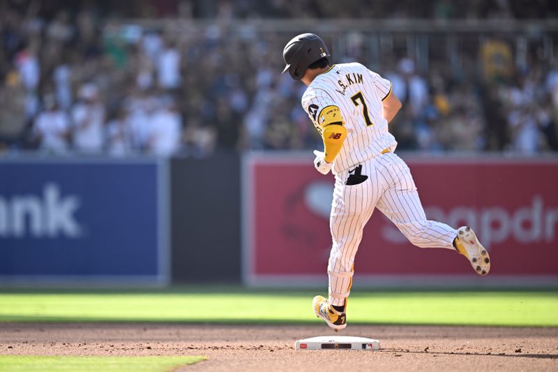 Jun 22, 2024; San Diego, California, USA; San Diego Padres shortstop Ha-Seong Kim (7) rounds the bases after hitting a home run against the Milwaukee Brewers during the fourth inning at Petco Park. Mandatory Credit: Orlando Ramirez-USA TODAY Sports