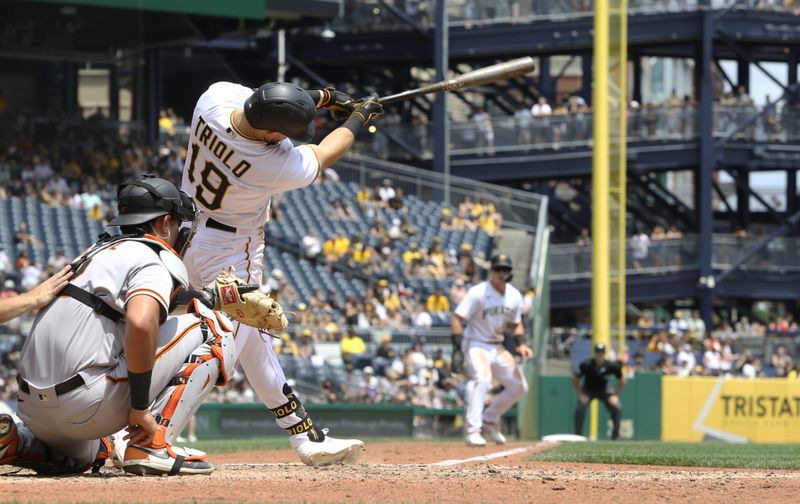 Jul 16, 2023; Pittsburgh, Pennsylvania, USA;  Pittsburgh Pirates third baseman Jared Triolo (19) drives in a run against the San Francisco Giants during the sixth inning at PNC Park. Mandatory Credit: Charles LeClaire-USA TODAY Sports